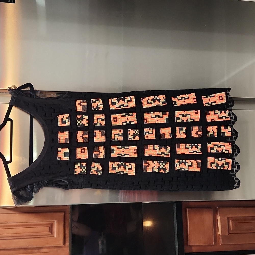 Custo Barcelona Black knitted dress with funky Orange appliques. M